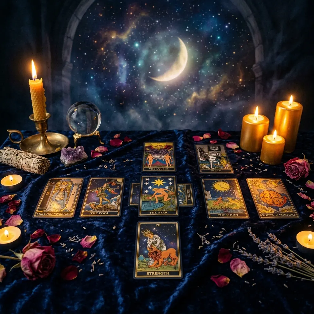 Cartas de Tarot dispostas sobre veludo azul, entre velas acesas, pétalas de rosa e uma bola de cristal